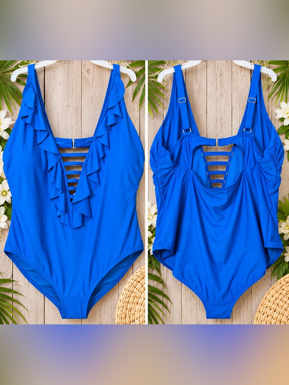 Terra & Sky Plus Size Ruffle Plunge One-Piece Swimsuit - Bright Blue